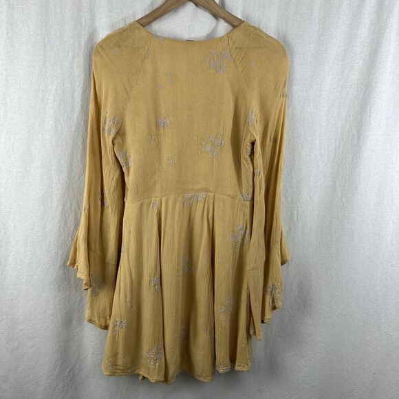 Free People Jasmine Embroidered Yellow Flare Sleeve Boho Mini Dress Womens S - Picture 2 of 15